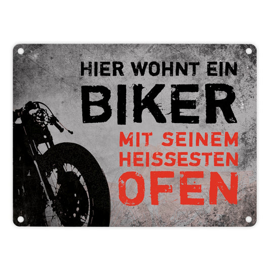 Metallschild mit Motorrad Motiv und Spruch: Hier wohnt ein Biker mit seinem ...