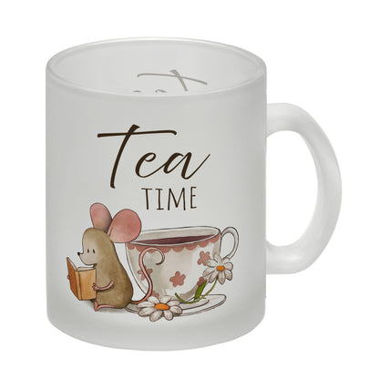 Maus mit Buch Glas Tasse mit Spruch Tea Time