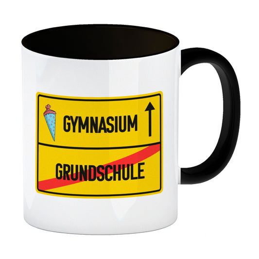 Gymnasium Ortsschild Kaffeebecher Schwarz zur Einschulung