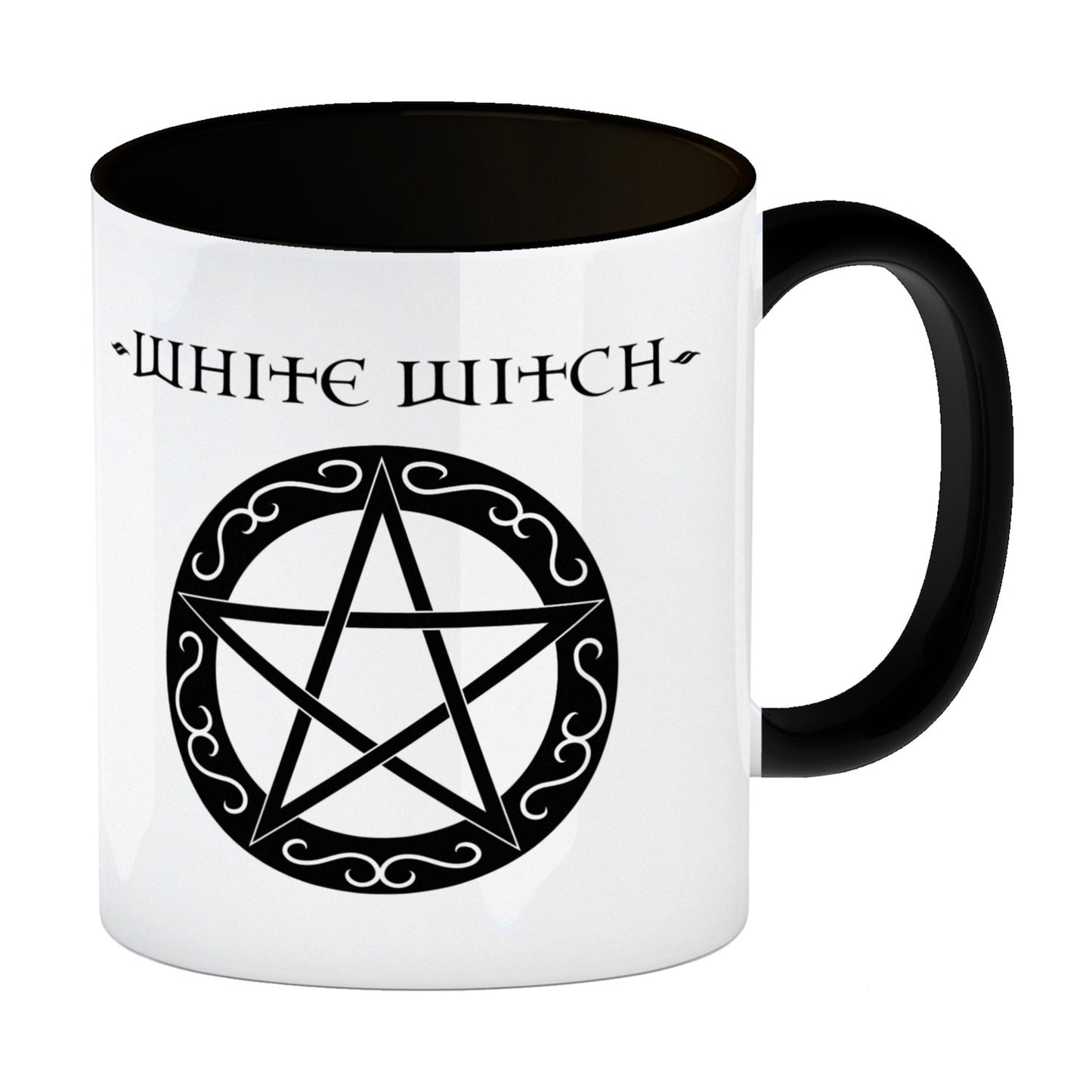 Kaffeebecher Schwarz mit magischen Pentagrammen und Spruch - White Witch - Dark Witch