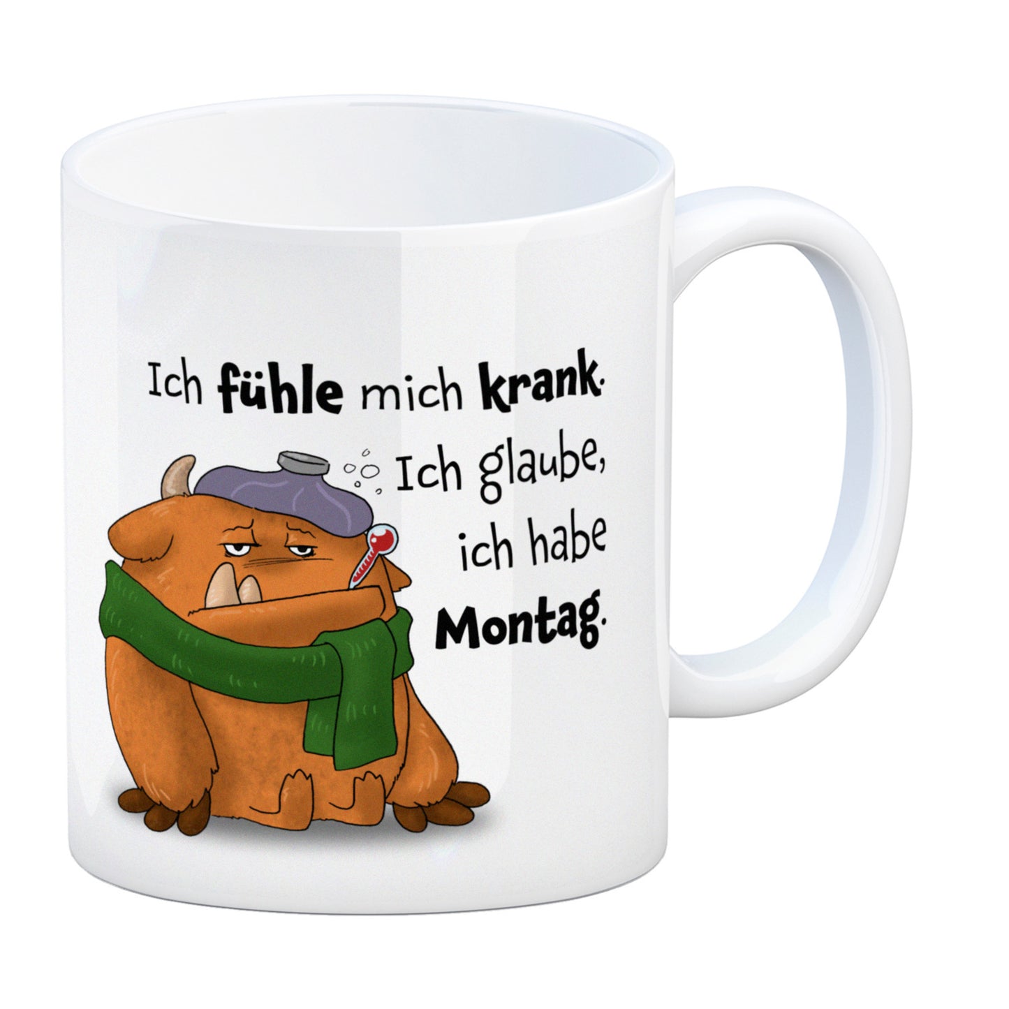 Freches Monster in orange Kaffeebecher mit lustigem Spruch