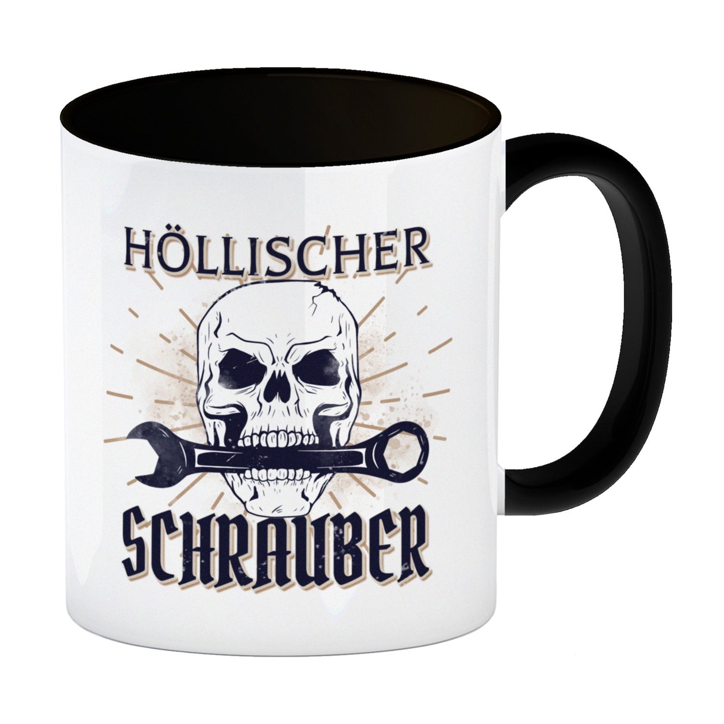 Höllischer Schrauber Kaffeebecher Schwarz mit Totenkopf und Schraubenschlüssel Motiv