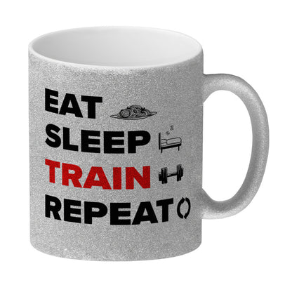 Eat Sleep Train Repeat Fitness Glitzer-Kaffeebecher