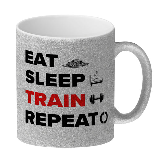 Eat Sleep Train Repeat Fitness Glitzer-Kaffeebecher