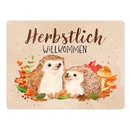 Igel Paar Metallschild XL in 21x28 cm mit Spruch Herbstlich Willkommen