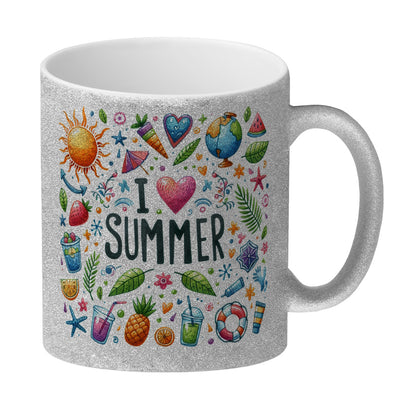 Sommer Glitzer-Kaffeebecher mit Spruch I love summer