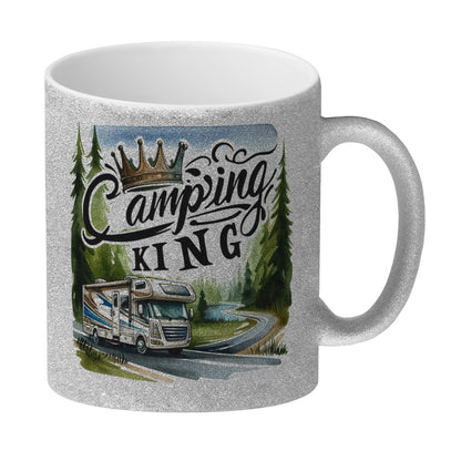 Camping King mit Wohnmobil Glitzer-Kaffeebecher