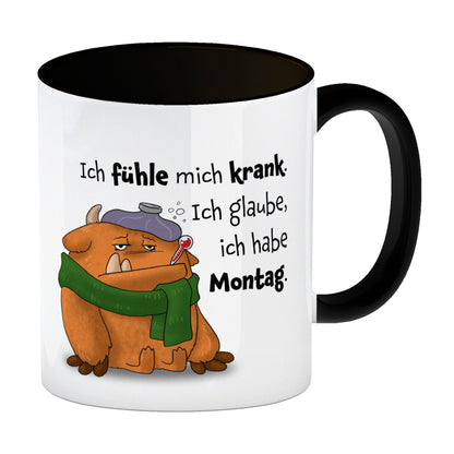 Freches Monster in orange Kaffeebecher in schwarz mit lustigem Spruch