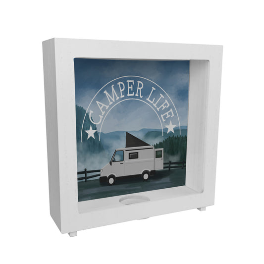 Camper Life mit Campervan Rahmen Spardose aus Holz