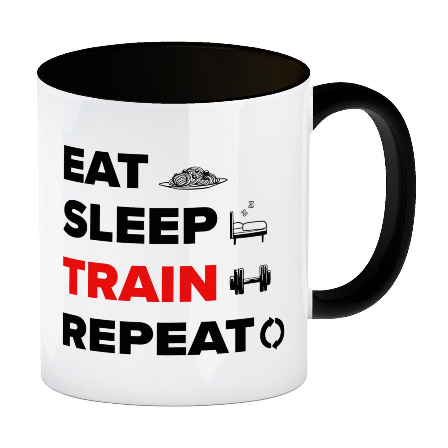 Eat Sleep Train Repeat Fitness Kaffeebecher Schwarz