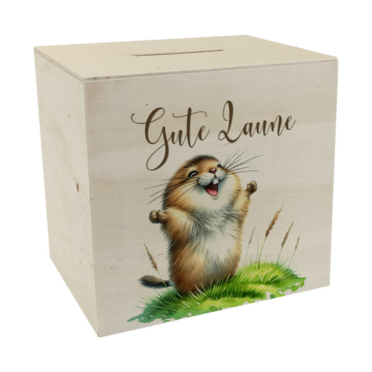 jubelnder Lemming Spardose aus Holz mit Spruch Gute Laune