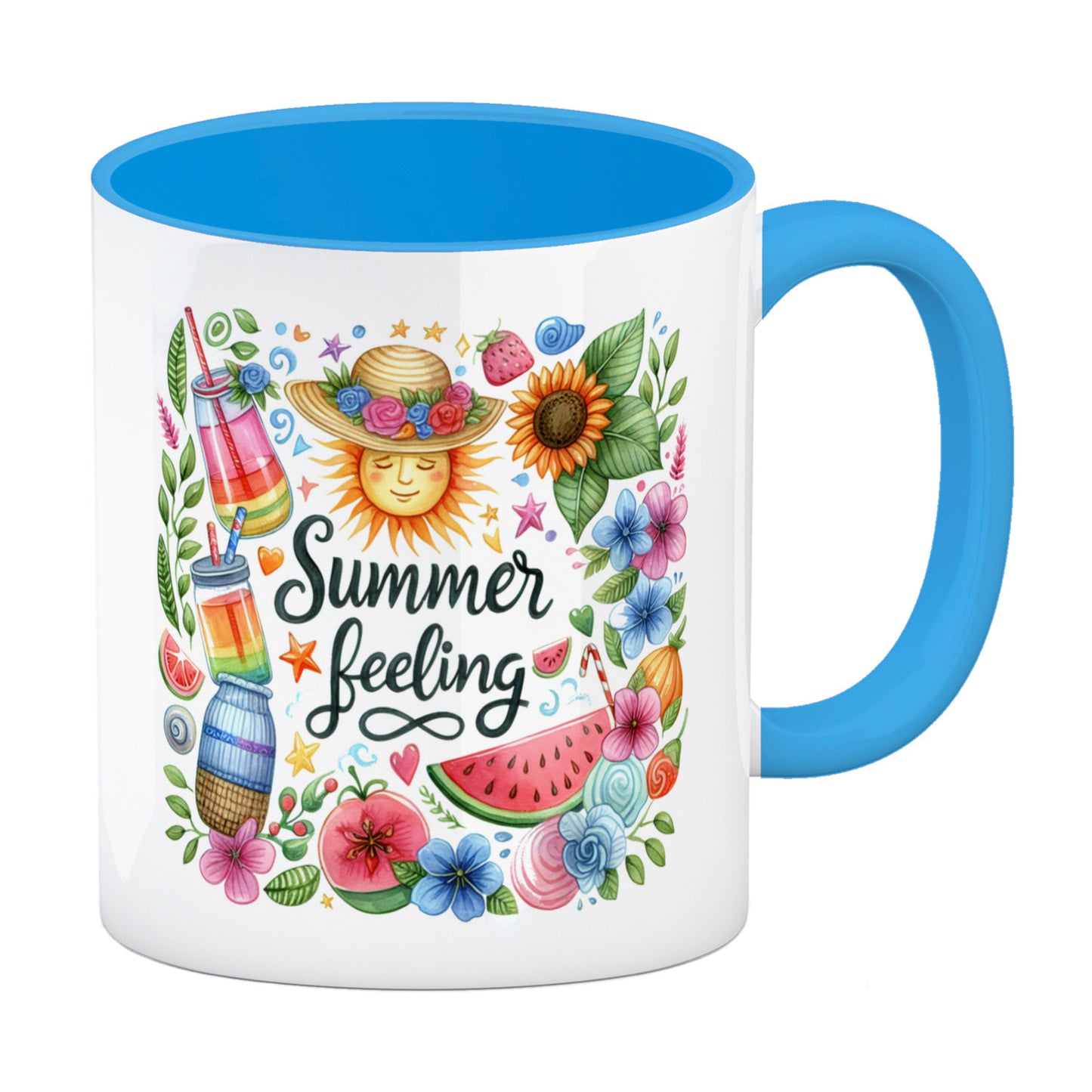 Sonne und Sommer Kaffeebecher in hellblau mit Spruch Summer feeling