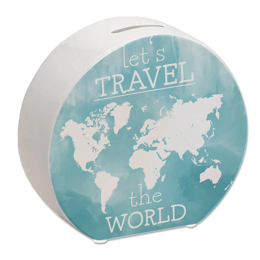 Spardose mit Weltkarten Motiv und Text - let's travel the world in Blau