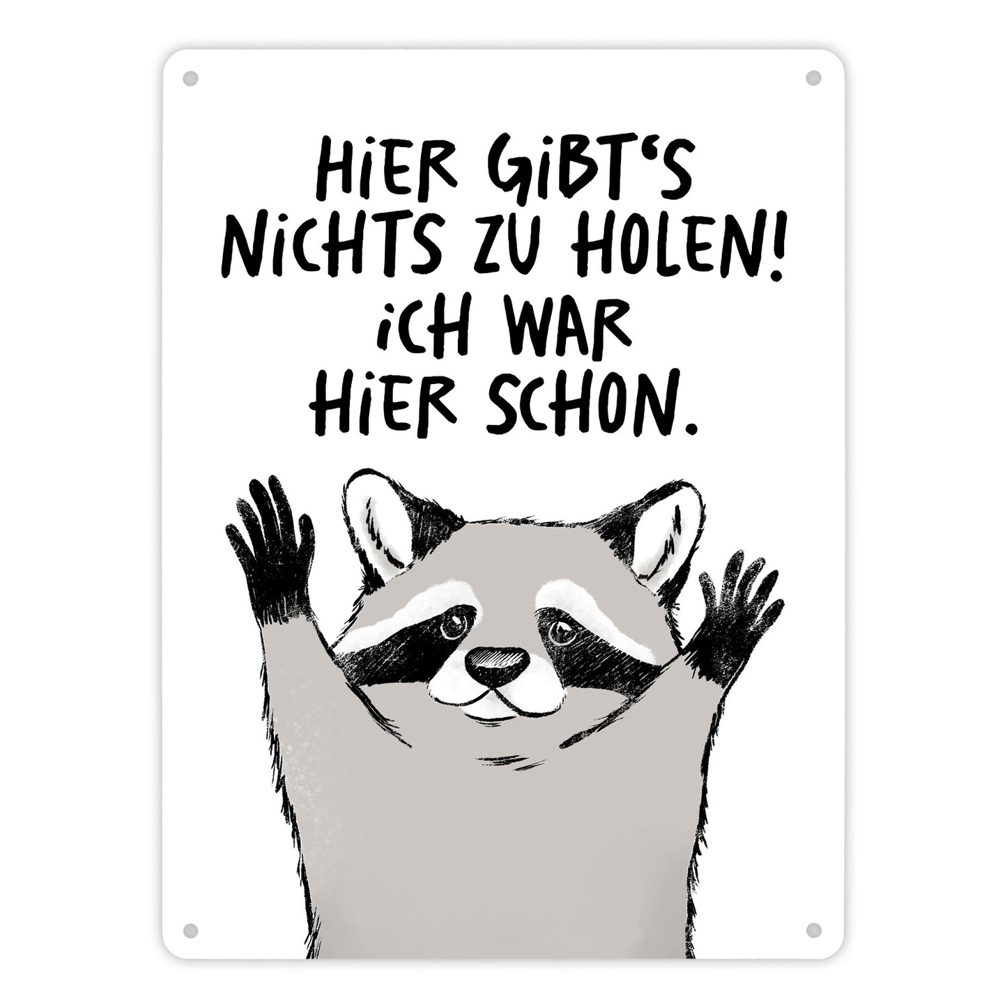 Waschbär Metallschild XL in 21x28 cm mit Spruch Hier gibts nichts zu holen