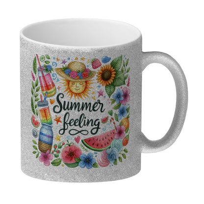 Sonne und Sommer Glitzer-Kaffeebecher mit Spruch Summer feeling