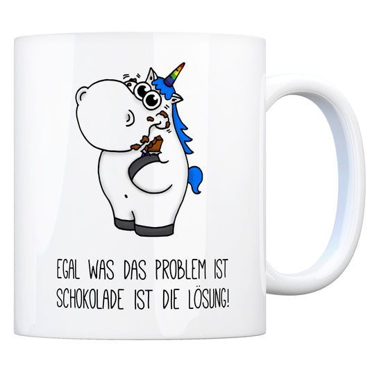 Honeycorns Kaffeebecher mit Einhorn Motiv und Spruch: Egal was das Problem ist Schokolade ...