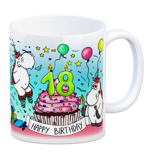 Honeycorns Tasse zum 18. Geburtstag mit Muffin und Einhorn Party