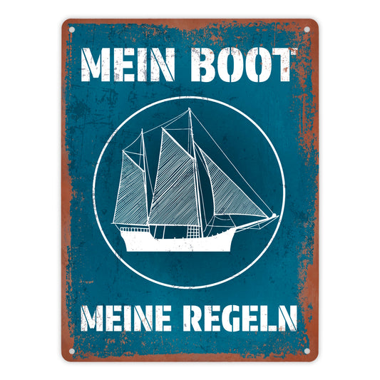 Mein Boot meine Regeln Metallschild XL in 21x28 cm mit Rostoptik in blau