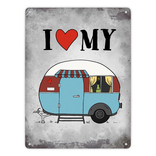 Metallschild XL mit Wohnwagen Motiv und Spruch: I love my Caravan