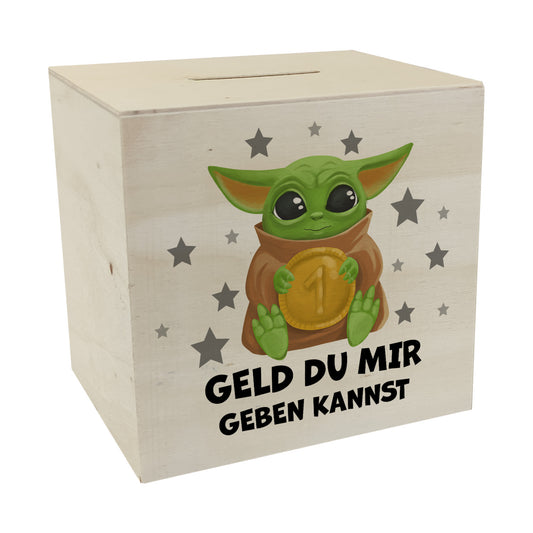 Baby-Alien Spardose aus Holz mit Spruch Geld du mir geben kannst