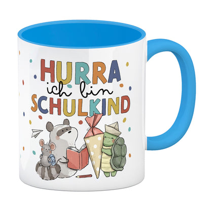 Tiere zur Einschulung Kaffeebecher in hellblau mit Spruch Hurra ich bin Schulkind