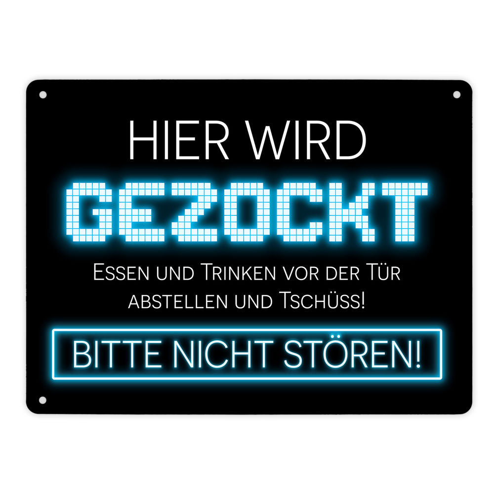 Hier wird gezockt Metallschild XL in 21x28 cm für Gamer in blau