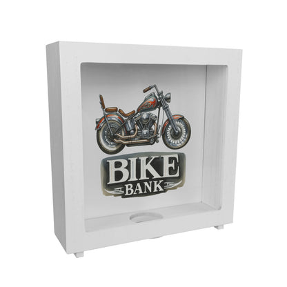 Retro Chopper Motorrad Rahmen Spardose aus Holz mit Spruch Bike Bank