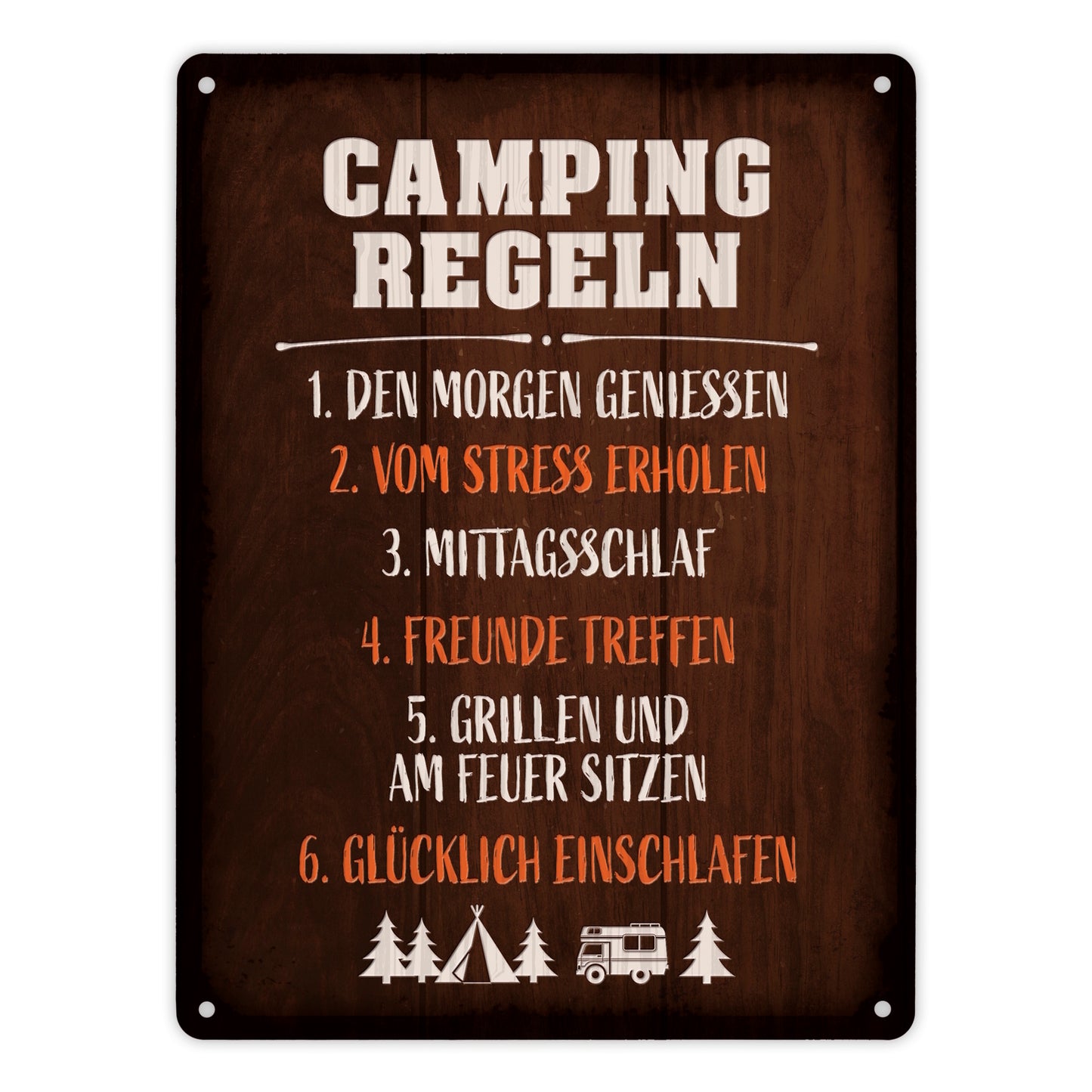 Metallschild XL mit Camping Motiv und Spruch: Camping regeln