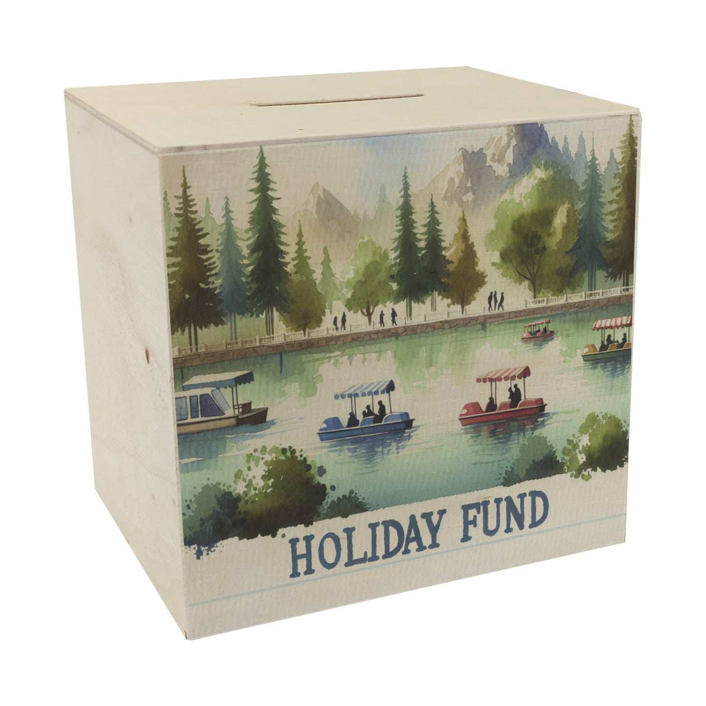 Urlaub am See Urlaubskasse Spardose aus Holz mit Spruch Holiday Fund