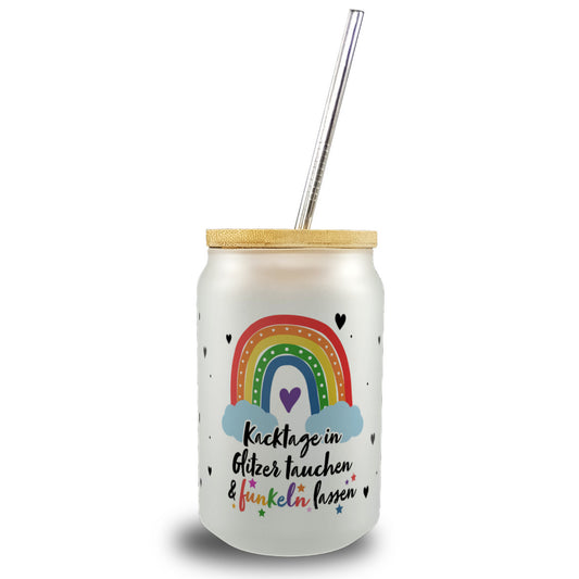 Regenbogen Trinkglas mit Bambusdeckel mit Spruch Kacktage in Glitzer tauchen