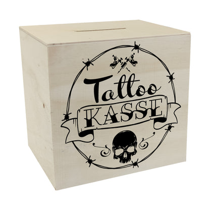 Spardose aus Holz mit coolen Tattoo-Motiven in weiß - Tattookasse