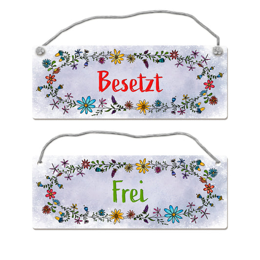 Graues Toilette ist frei oder besetzt Wendeschild mit Blumen Motiv und Kordel