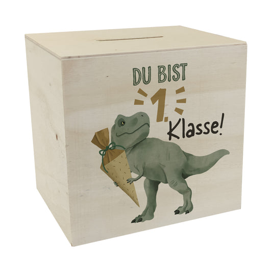 Dino mit Schultüte Spardose aus Holz mit Spruch Du bist 1. Klasse!