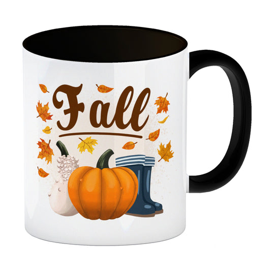 Fall Jahreszeit Herbst Kaffeebecher Schwarz mit Kürbis und Laub