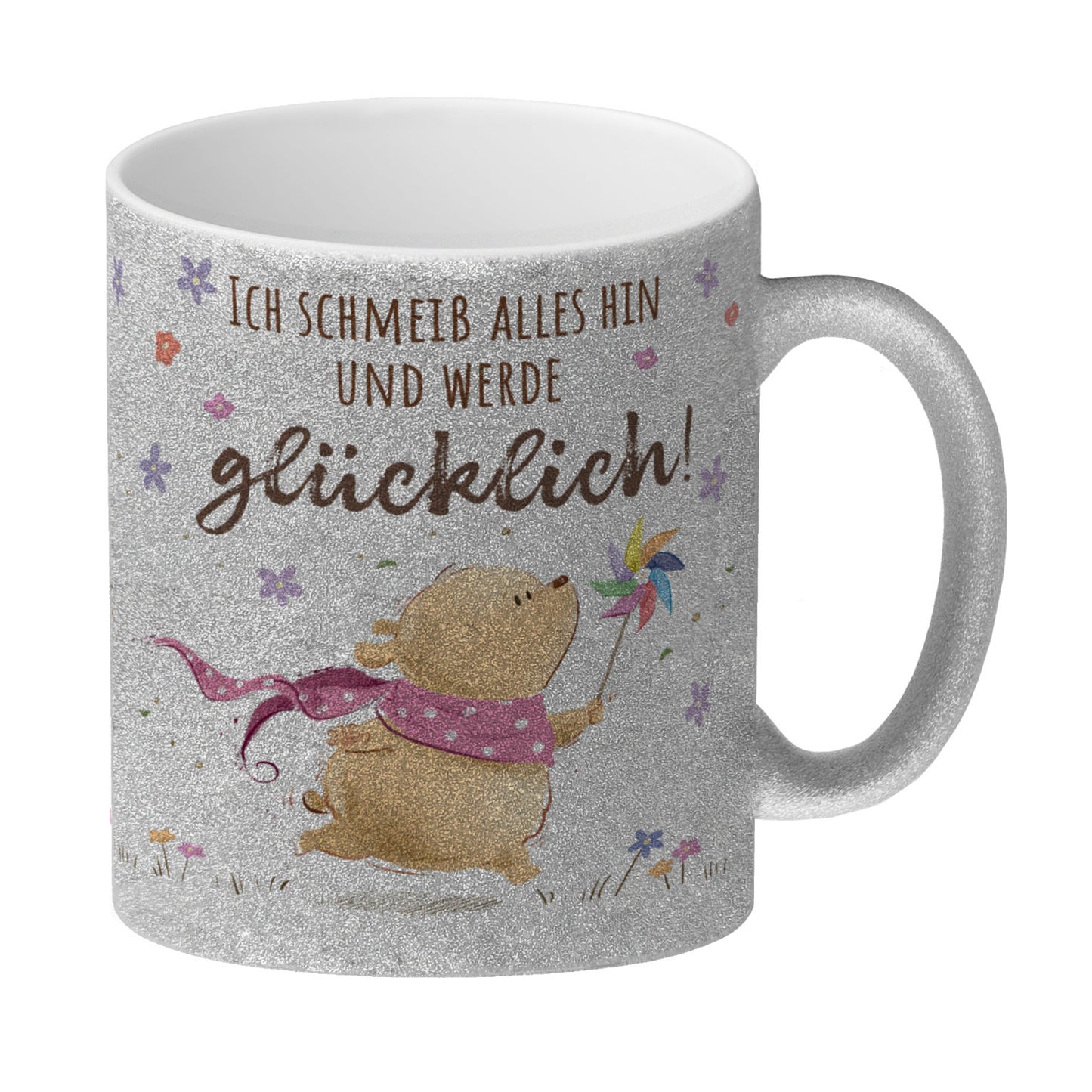 Glücklicher Bär Glitzer-Kaffeebecher mit Spruch Ich schmeiß alles hin