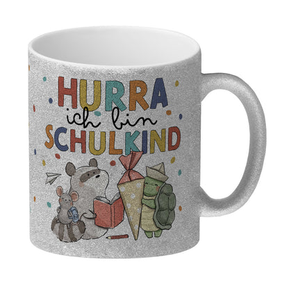 Tiere zur Einschulung Glitzer-Kaffeebecher mit Spruch Hurra ich bin Schulkind