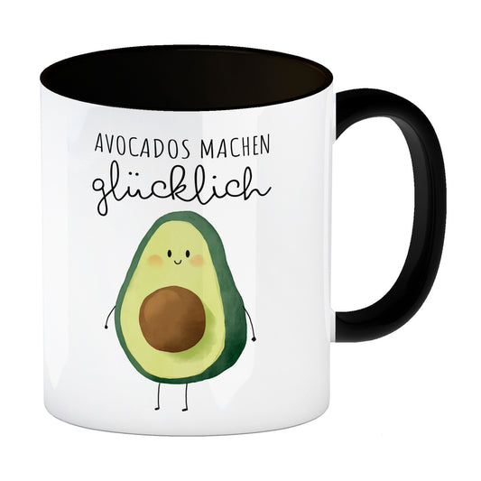 Niedliche Avocado Kaffeebecher in schwarz mit Spruch Avocados machen glücklich