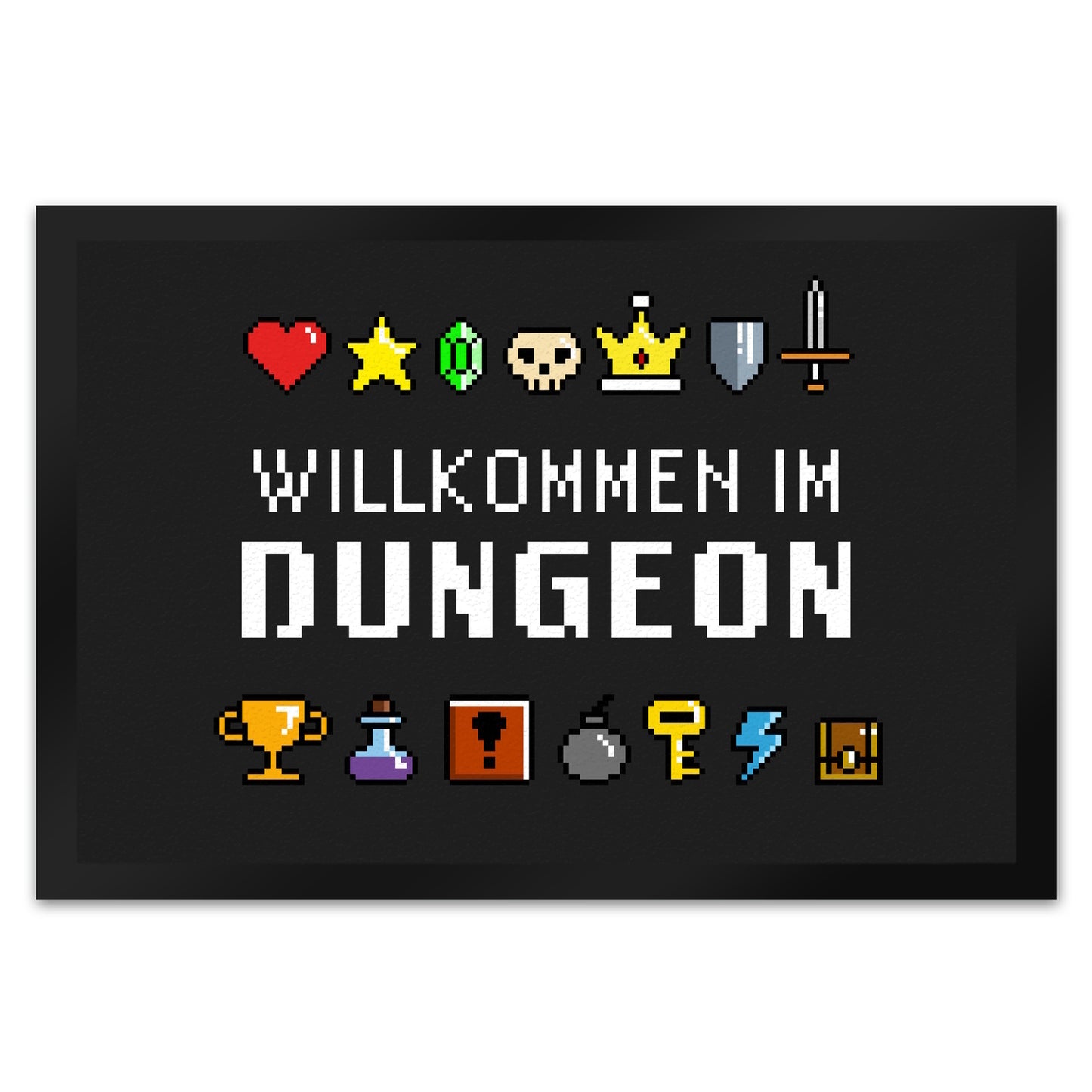 Willkommen im Dungeon Fußmatte XL in 40x60 cm für Gamer mit bunten Pixel-Items