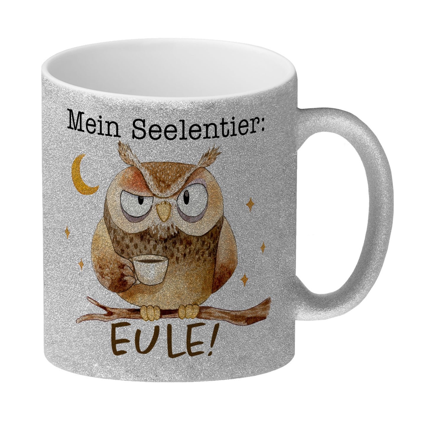 Eule Glitzer-Kaffeebecher mit Spruch Mein Seelentier Eule