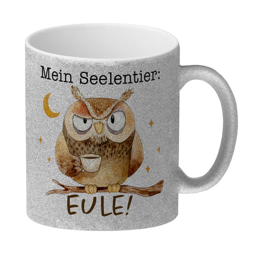 Eule Glitzer-Kaffeebecher mit Spruch Mein Seelentier Eule