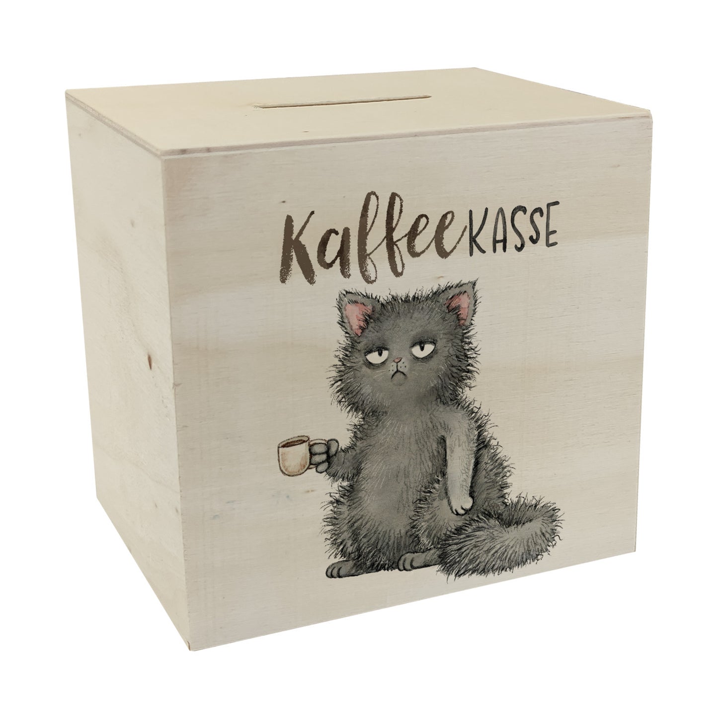 Katze mit Tasse Spardose aus Holz mit Spruch Kaffeekasse