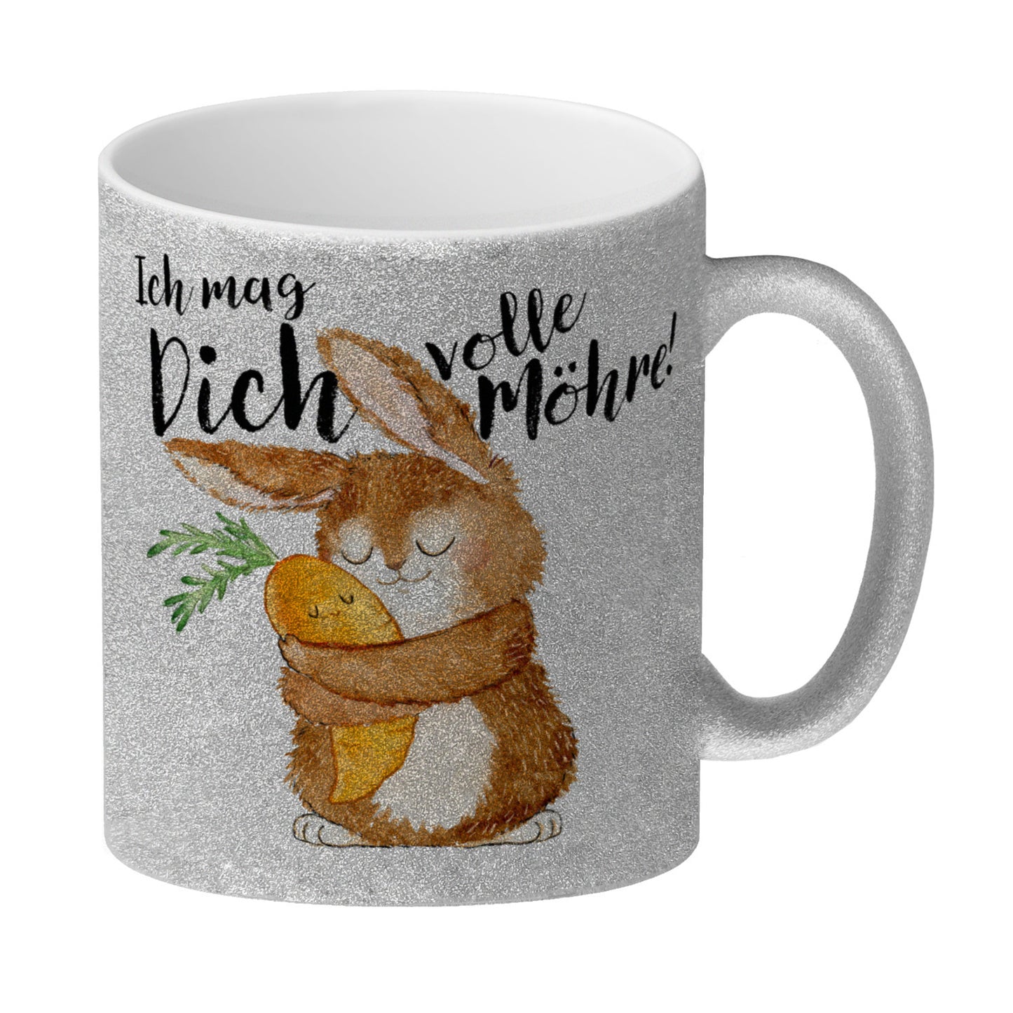 Hase Glitzer-Kaffeebecher mit Spruch Ich mag dich volle Möhre