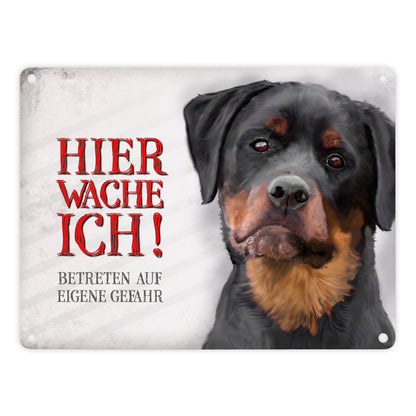 Metallschild mit Rottweiler Motiv und Spruch: Betreten auf eigene Gefahr ...