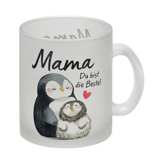 Pinguin Mutter und Kind Glas Tasse mit Spruch Mama du bist die Beste