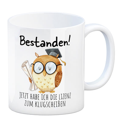 Bestandene Prüfung Eule Kaffeebecher mit Spruch Lizenz zum Klugscheißen