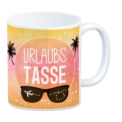 Kaffeebecher mit sommerlichem Urlaub Motiv und Spruch: Urlaubs Tasse