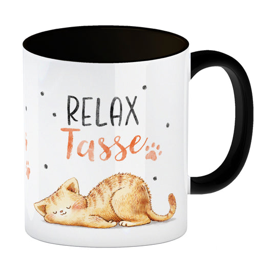 Relaxte Katze Kaffeebecher in schwarz mit Spruch Relax Tasse