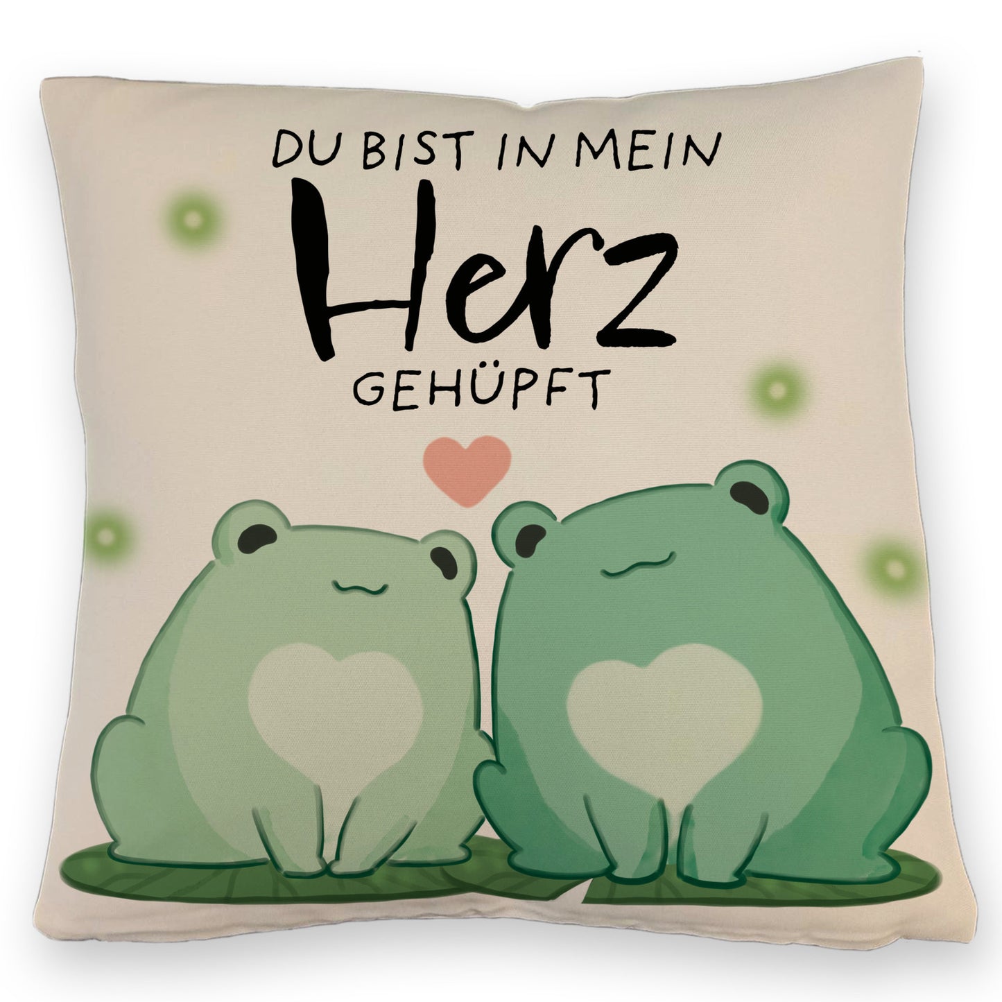 Frosch Kissen mit Leinenoptik mit Spruch Du bist in mein Herz gehüpft