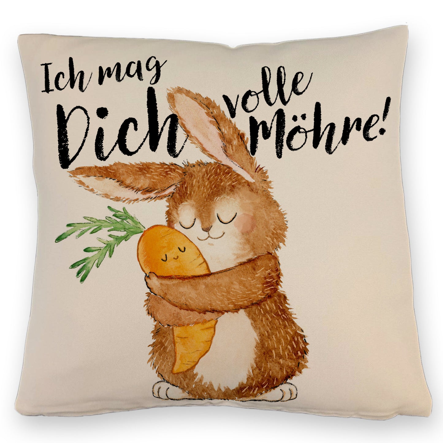 Hase Kissen mit Leinenoptik mit Spruch Ich mag dich volle Möhre