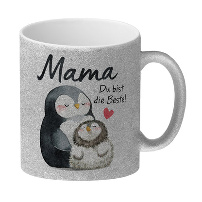 Pinguin Mutter und Kind Glitzer-Kaffeebecher mit Spruch Mama du bist die Beste